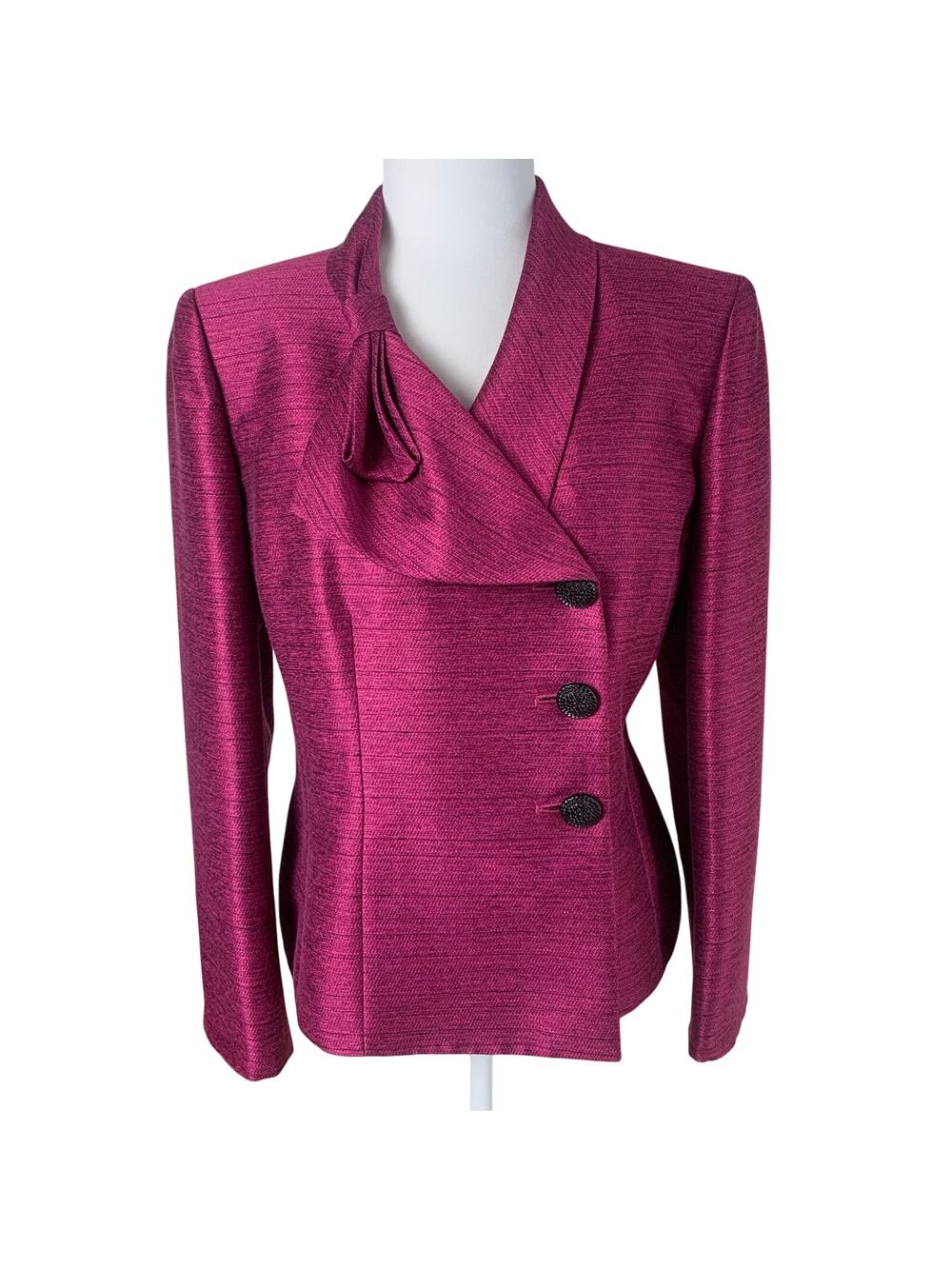Vintage Kasper Petite Sz 14P Shimmer Blazer Bow Front Asymmetric Jacket Pink